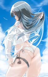 back_view bare_legs bare_thighs black_hair blue_eyes genek long_hair open_shirt panties see-through see-through_clothing teenager thick_thighs three-quarter_view underwear