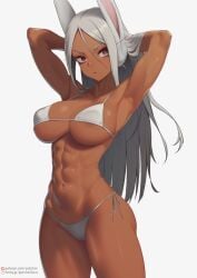 1girls abs animal_ears armpits arms_up artist_name ass athletic_female bare_shoulders big_ass bikini bunny_ears cameltoe cleavage clothing collarbone curvy dark-skinned_female dark_skin eyelashes female female_focus female_only hand_behind_head hand_in_hair hips hourglass_figure human kemonomimi large_ass large_breasts long_hair looking_at_viewer mature_female micro_bikini miruko muscular muscular_female my_hero_academia navel pinup posing putcher red_eyes revealing_clothes rumi_usagiyama shiny_skin sideboob silver_hair simple_background skimpy slim_waist solo solo_female swimsuit thick_thighs thighs underboob url voluptuous watermark white_background wide_hips