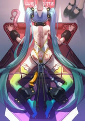 ass blue_hair bondage bound cum dildo female femdom femsub hatsune_miku kvpk5428 leotard shoe_mark stationary_restraints steel_bondage stepped_on stepping_on_head tagme vocaloid