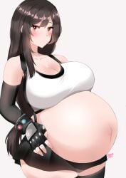 1girls 2d armwear bayoshii black_hair blush breasts exposed_belly female female_only final_fantasy final_fantasy_vii final_fantasy_vii_remake fingerless_gloves human large_breasts obese popped_navel pregnant ready_to_pop red_eyes skirt solo square_enix thick_thighs thighhighs tifa_lockhart wide_hips