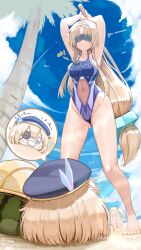 barefoot beach belly_button big_breasts blindfold blonde_hair eye_patch feet game genek inner_thighs long_hair one-piece_swimsuit playing slim_waist teenager thick_thighs tight_fit underass wide_hips