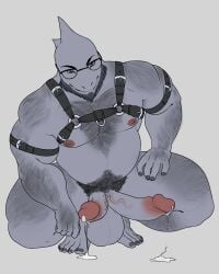 2019 2_penises 4:5 5_toes ace_(sharkboof) anthro arm_hair armband balls big_balls body_hair bottomless chest_hair clothed clothing diphallism eyewear feet fin fish genitals glasses grey_body grey_eyes grey_scales harness head_fin hi_res horizontal_diphallism leg_hair looking_at_viewer male marine mostly_nude multi_genitalia multi_penis musclegut muscular muscular_anthro muscular_male navel penis pubes scales shark solo toes vein veiny_penis vongrauenhausen_(artist)