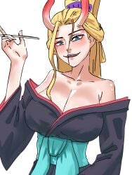 beast_pirates black_maria blonde_hair blue_eyes breasts cigarette_holder female female_only geisha horn horns kimono large_breasts oiran one_piece rominas wano_country