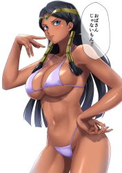 1girls bare_shoulders bikini black_hair blue_eyes blush breasts cleavage cowboy_shot dark-skinned_female dark_skin egyptian female forehead_jewel hand_on_own_hip hand_up highleg highleg_bikini isis_ishtar long_hair micro_bikini muto_dt purple_bikini revealing_clothes simple_background solo speech_bubble swimsuit translated white_background yu-gi-oh!