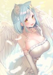 :d angel_wings animal_ear_fluff animal_ears blue_hair blush braid breasts brown_eyes cat_ears collarbone commentary_request dress elbow_gloves feathered_wings feathers female frilled_dress frilled_gloves frills gloves hand_up kemonomimi_mode large_breasts looking_at_viewer moira_(nijisanji) mole mole_on_breast nijisanji open_mouth pleated_dress smile solo strapless strapless_dress suzuho_hotaru virtual_youtuber white_dress white_feathers white_gloves white_wings wings