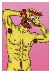 1boy abs armpit_hair balding beard erect_nipples facial_hair groundskeeper_willie hands_behind_head human male male_only muscles mustache nude out_of_frame_censoring pecs pink_background pubes red_hair solo the_simpsons unibrow veiny_muscles white_frame yellow_skin