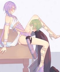 2boys alternate_costume byleth_(fire_emblem) byleth_(fire_emblem)_(male) dancer dancer_(three_houses) dancer_outfit erection erection_under_clothing femboy fire_emblem fire_emblem:_three_houses green_hair hickey_marks hickeys_on_thighs high_heels kyomuu makeup male male_only multiple_boys nintendo purple_hair yaoi yuri_leclerc