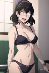 ai_generated bandaged_arm bandages bra breasts cowboy_shot dark_hair eyepatch female hairband ikishima_midari kakegurui lingerie lipstick medical_eyepatch panties short_hair solo stud_earrings window wristband