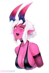 ahe_gao bikini choker cum_on_breasts demon_vi demonic_series earrings female female_only horns koshiosaur league_of_legends long_ears red_skin tears vi white_hair