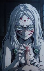 ai_generated cum kimetsu_no_yaiba mother_spider_demon small_penis white_hair white_skin
