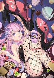 1girls 2023 :o blue_eyes bunnysuit chocolate confectionery feet_up female female_focus female_only fishnet fishnet_legwear fishnets food food_play fork heels high_heels himemori_luna holoforce hololive hololive_japan huge_ass large_breasts legs_up leotard light-skinned_female light_skin looking_at_viewer macaroon melted_chocolate pink_hair playboy_bunny seductive seductive_look solo strawberry thick_thighs virtual_youtuber wide_hips