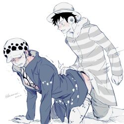 2022 2boys all_fours ass blush chest_tattoo clothed_sex clothes_pull coat commentary_request dated demorzel denim doggy_style ear_blush earrings facial_hair full-face_blush fur_hat goatee hat highres jeans jewelry long_sleeves looking_at_another male male_only monkey_d_luffy motion_lines multiple_boys nipples one_piece open_clothes pants pants_pull punk_hazard scar scar_on_cheek scar_on_face sex sex_from_behind short_hair straw_hat sweat tattoo trafalgar_law yaoi