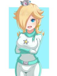 1girls 3:4 alternate_costume blonde_hair blue_eyes bodysuit breasts clothing crown female female_focus female_only hair hi_res looking_at_viewer mario_(series) mario_kart nintendo open_mouth princess_rosalina smile solo standing teeth tongue yassrosalina