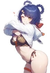 1girls ai_generated belly_button big_ass big_breasts blue_hair blush blushing bob_cut bra brown_eyes genshin_impact hearts hoodie_lift hoyoverse lace-trimmed_thighhighs lace_trim lingerie looking_at_viewer one_eye_closed panties petite petite_body petite_female setsuaiart setsumanga shirt_up side_view slim_waist smiling_at_viewer teenager thick_thighs tummy underwear wide_hips xiangling_(genshin_impact)