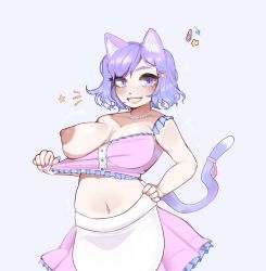 belly_piercing big_breasts cat_ears cat_tail catgirl clothed commission cute hairclip kekbun original_character painted_nails pastel pink_nipples pulling_down_shirt purple_eyes purple_hair shirt_down shirt_pull short_hair skirt smile solo solo_female solo_focus taking_clothes_off