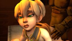 1boy 3d ambiguous_penetration artist_request blonde_hair chromie dark-skinned_male female gnome gnome_(warcraft) green_eyes male partially_clothed sex shortstack size_difference warcraft world_of_warcraft