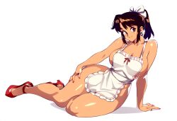 1girls ai_generated apron brown_eyes brown_hair earrings female high_heels jewelry lying lying_on_side milf mother naked_apron naked_female niezero pose ribbon solo solo_female solo_focus