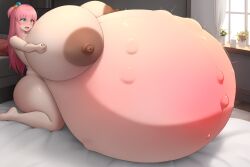 ai_generated bedroom bocchi_the_rock! colossal_belly dark_nipples fetal_movement gigantic_breasts gotou_hitori hyper_belly hyper_breasts hyper_pregnancy hyper_thighs immobile in_heat painful scared sitting_on_bed stable_diffusion thick_thighs wide_hips