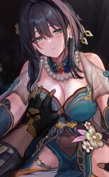 1boy absurdres bare_shoulders black_hair breasts caelus_(honkai:_star_rail) cleavage covered_navel dress earrings efuri_(riarea00) elbow_gloves female gloves gold_trim grabbing grabbing_another's_breast green_dress green_eyes green_gloves hair_ornament highres honkai:_star_rail honkai_(series) jewelry large_breasts long_hair looking_at_viewer necklace pearl_necklace pelvic_curtain ponytail ruan_mei_(honkai:_star_rail) sitting sitting_on_person solo_focus thighs