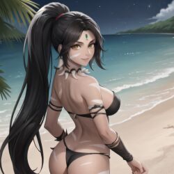 1girl 1girls ai_generated beach black_hair black_hair_female forehead_gem forehead_jewel gem_on_forehead hi_res high_res high_resolution highres jewel_on_forehead league_of_legends long_hair long_hair_female nidalee ocean ponytail ponytail_female riot_games skimpy skimpy_clothes strapless strapless_top strapless_topwear tribal_markings tribal_tattoo tribal_tattoos tube_top yellow_eyes yellow_eyes_female