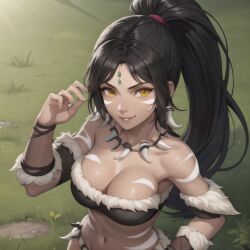 1girl 1girls ai_generated big_breasts black_hair black_hair_female breast_focus chest_focus forehead_gem forehead_jewel gem_on_forehead hi_res high_res high_resolution highres jewel_on_forehead league_of_legends long_hair long_hair_female nidalee ponytail ponytail_female riot_games skimpy skimpy_clothes strapless strapless_top strapless_topwear tribal_markings tribal_tattoo tribal_tattoos tube_top yellow_eyes yellow_eyes_female