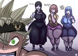 1boy 3girls alternate_breast_size asta_(black_clover) big_ass bike_shorts black_clover black_hair blue_hair bottom_heavy chainsaw_man child-bearing_hips child_bearing_hips clothed company_connection crossover dress dumptruck_ass dumptruck_butt edit english_text evil_grin evil_smile female fully_clothed gym_shorts hinata_tachibana jujutsu_kaisen kasumi_miwa looking_at_viewer male mappa mitaka_asa multiple_girls pink_hair pointing school_uniform short_shorts shorts shounen_jump shueisha t-shirt tachibana_hinata text theodyss thick_thighs tokyo_revengers voluptuous voluptuous_female weekly_shonen_jump wide_hips