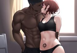 1boy 1boy1girl ai_generated arms_behind_back bedroom belly belly_button black_panties black_sports_bra boxers_(clothing) brown_hair couple dark-skinned_male day hairclip hand_in_pocket hand_on_another's_hip higuchi_madoka hug idolmaster idolmaster_shiny_colors kissing medium_breasts mole_under_eye muscular_male purple_eyes short_hair standing stomach_tattoo swept_bangs taller_male window