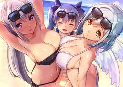 3girls akasaai armpits arms_up ass ass_cleavage bare_arms bare_shoulders beach bikini black_bikini blue_bow blue_hair blue_sky blush blush_stickers bow braid breasts brown_eyes butt_crack cleavage closed_eyes collarbone day downpants eyewear_on_head front-tie_bikini front-tie_top grey_hairclip hair_ornament hairbow hairclip highres higuchi_kaede large_breasts long_hair looking_at_viewer moira_(nijisanji) mole mole_under_eye mole_under_mouth multiple_girls navel nijisanji ocean open_mouth open_toe_shoes outdoors ponytail purple_eyes sand sandals short_hair side-tie_bikini silver_hair sky smile stomach strapless strapless_bikini sunglasses sunglasses_on_head sweat sweatdrop swimsuit symmetrical_docking twintails virtual_youtuber water white_bikini white_bow white_wings wings yuuki_chihiro