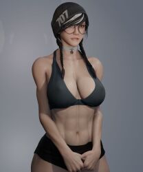 1girls 3d abs asian asian_female big_breasts biting_lip black_hair braided_twintails choker cleavage collar dokkaebi_(rainbow_six) female female_only fit_female glasses hat muscular_female rainbow_six_siege soboro solo sweat tagme