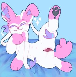 bow_ribbon eeveelution female feral fur generation_6_pokemon nintendo pink_body pink_fur pokemon pokemon_(species) smug_face solo sylveon white_body white_fur xxstrangerxx