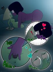 2girls big_dom_small_sub cartoon_network cartoonsaur comic fingering garnet_(steven_universe) gem_(species) gem_fusion kissing larger_female looking_pleasured multiple_girls peridot_(steven_universe) pleasure_face size_difference smaller_female steven_universe virgin yuri