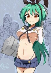 1girls anjou_tokoha breasts cardfight!!_vanguard cardfight!!_vanguard_g cosplay crowd green_hair kantai_collection oda_koziki shimakaze_(kantai_collection)_(cosplay) short_skirt smile solo_focus stomach underboob