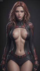 actor ai_generated artistic bare_breasts belly black_widow_(marvel) bodysuit boobs breasts celebrity cum_on_breast cum_on_breasts cum_on_chest hi_res high_resolution highres hourglass_figure marvel nipples scarlett_johansson solo voluptuous voluptuous_female waist