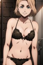 1girls ai_generated attack_on_titan black_bra black_panties blonde_hair blue_eyes bra breasts female hitch_dreyse lingerie missingthumb panties shingeki_no_kyojin short_hair