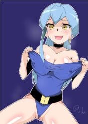 1girls blue_hair blush breasts cardfight!!_vanguard female gillian_chen large_breasts nipple_bulge nipples_visible_through_clothing oda_koziki pulling_clothing solo solo_female solo_focus tight tight_clothing yellow_eyes