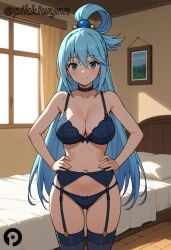 ai_generated aqua_(konosuba) bangs bare_shoulders bed bedroom black_choker blue_bra blue_eyes blue_hair blue_panties blue_thighhighs blush bow bow_bra bow_panties bra breasts choker cleavage closed_mouth collarbone cowboy_shot curtains female garter_belt garter_straps hair_between_eyes hair_ornament hair_rings hands_on_hips indoors kono_subarashii_sekai_ni_shukufuku_wo! large_breasts lingerie long_hair looking_at_viewer navel on_bed panties pikkiwynn pillow single_hair_ring smile solo stomach thighhighs thighs underwear underwear_only very_long_hair window