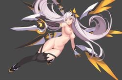 breasts dress elbow_gloves gloves honkai_impact jeongjae_(jj) kiana_kaslana long_hair mechagirl navel nipples nude pussy thighhighs uncensored weapon white_hair wings yellow_eyes