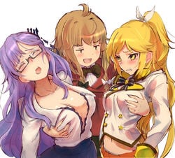 3girls :d :o ^_^ ahoge black_bow black_neckwear blonde_hair blush bow bowtie breast_grab breasts brown_hair clenched_teeth closed_eyes collarbone commentary_request fantasista_doll female_pervert girl_sandwich grabbing green_eyes groping hair_ornament jitome large_breasts long_hair madeleine_(fantasista_doll) medium_breasts mob_face molestation multiple_girls navel nyama open_mouth pervert ponytail purple_hair sandwiched sasara_(fantasista_doll) shirt small_breasts smile teeth uno_uzume v-shaped_eyebrows very_long_hair white_shirt yellow_eyes yuri |_|