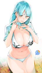 bangs bikini blue_hair braid breasts cleavage clothes_writing commentary_request eyebrows_visible_through_hair female french_braid large_breasts legs_together lifted_by_self metallican moira_(nijisanji) mole mole_under_mouth navel nijisanji open_mouth print_bikini shirt_lift short_sleeves sitting solo swimsuit virtual_youtuber white_bikini yellow_eyes