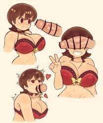 1girls after_deepthroat after_oral aioi_yuuko big_penis blowjob bra breasts brown_eyes brown_hair cant_see_the_haters censor_bar censored censored_penis choker collar deepthroat deepthroat_no_hands dozo_gon fellatio hands-free heart heart-shaped_pupils huge_breasts imminent_deepthroat imminent_oral multiple_views navel nichijou nude_male_clothed_female oral outercourse penis_awe penis_on_face penis_over_eyes pink_eyes purple_eyes red_bra red_collar short_hair smile snap_my_choker throat_bulge throat_fuck tight_throat v veiny_penis yellow_ribbon
