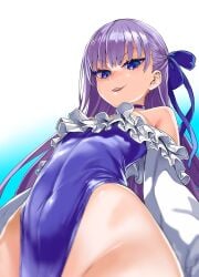 1girl asanagi blue_hairband female frills light-skinned_female light_skin looking_at_viewer looking_down meltryllis purple_hair small_breasts smirk solo