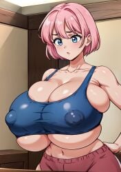 1girls ai_generated bangs big_breasts blue_eyes blush bra breasts bursting_breasts cleavage cleavage_overflow collarbone covered_nipples female female_only gigantic_breasts gym_shorts hand_on_hip huge_breasts indoors inside midriff navel nervous nipple_bulge opal_(tampopo) open_mouth pink_hair short_hair sideboob solo sports_bra stable_diffusion standing sweatdrop tampopo underboob undersized_clothes wardrobe_malfunction