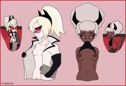 2girls bare_shoulders blonde_hair breasts clara_(hazbin_hotel) crop_top dark-skinned_female dark_skin demon demon_girl demon_humanoid demoness duo embarrassed embarrassed_nude_female female female_only flashing functionally_nude functionally_nude_female glasses hazbin_hotel horns multiple_girls nipples no_bra no_panties no_pants odette_(hazbin_hotel) partially_clothed ponytail reference_image shademattson shirt_in_mouth sisters smile