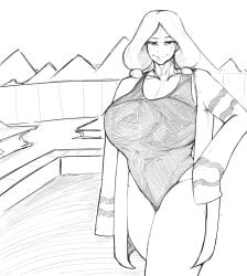 1girls big_breasts black_and_white emba female female_focus female_only gilf looking_at_viewer mature_female sketch smile smiling smiling_at_viewer smoxul solo solo_female solo_focus swimming_pool swimsuit swimwear