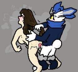 anthro anthro_penetrating anthro_penetrating_human blush bodily_fluids breasts brown_hair butt_slap cimaris_(emote) cinderace clothed clothing doggy_style duo female from_behind_position fur generation_8_pokemon hair high-angle_view human human_on_anthro human_penetrated hybrid interspecies journalfry looking_pleasured male mammal nintendo partially_clothed penetration pokemon pokemon_(species) pokephilia pulling_hair raboot rear_view scorbunny sex side_boob slap spanking sweat sweatdrop touching_hair vaginal_penetration vaginal_penetration white_body white_fur yellow_eyes