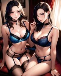 2girls ai_generated ai_mirror belly_button blue_eyes blue_lingerie blush bracelet brown_hair choker couch curtains earrings hand_on_hair lingerie long_hair looking_at_viewer medium_breasts necklace picture_on_wall sitting smile stockings thick_thighs white_skin window