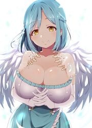 angel_wings blue_hair blush braid breasts cleavage collarbone commentary_request eyebrows_visible_through_hair female interlocked_fingers large_breasts looking_at_viewer moira_(nijisanji) mole mole_on_breast mole_under_eye natsumi_akira nijisanji simple_background smile solo upper_body virtual_youtuber white_background wings yellow_eyes