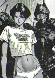 ai_generated ayuko_hayami belly_button black_and_white black_hair golden_boy hayami_ayuko looking_at_viewer older_female panties shirt short_hair slim_waist small_breasts xenotrip