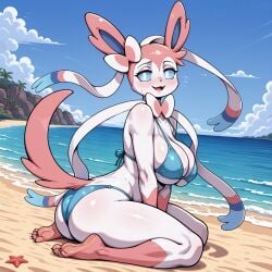 1girls 5_toes ai_generated anthro ass beach bikini breasts eeveelution female hands_between_legs heat horny horny_female inviting_to_sex kneeling large_breasts looking_at_viewer narrowed_eyes open_smile palm_tree plant pokemon pokemon_(species) seaside serbm side_view solo starfish sylveon