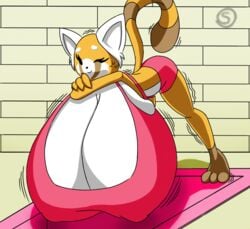 aggressive_retsuko big_breasts breast_expansion female furry huge_breasts hyper_breasts immobile retsuko sanrio smooth_fur tagme valerya5